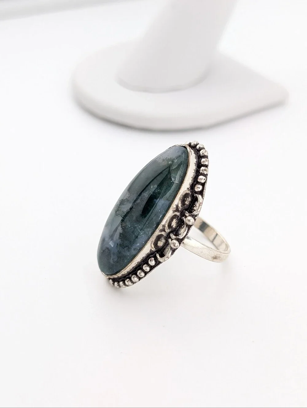 Moss Agate Oval Silver Statement Ring - Bohemian Jewelry - 8.5 - L